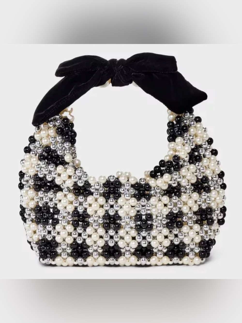 WOW pearl & Bead Checkerboard Necklace with Black Velvet Bow